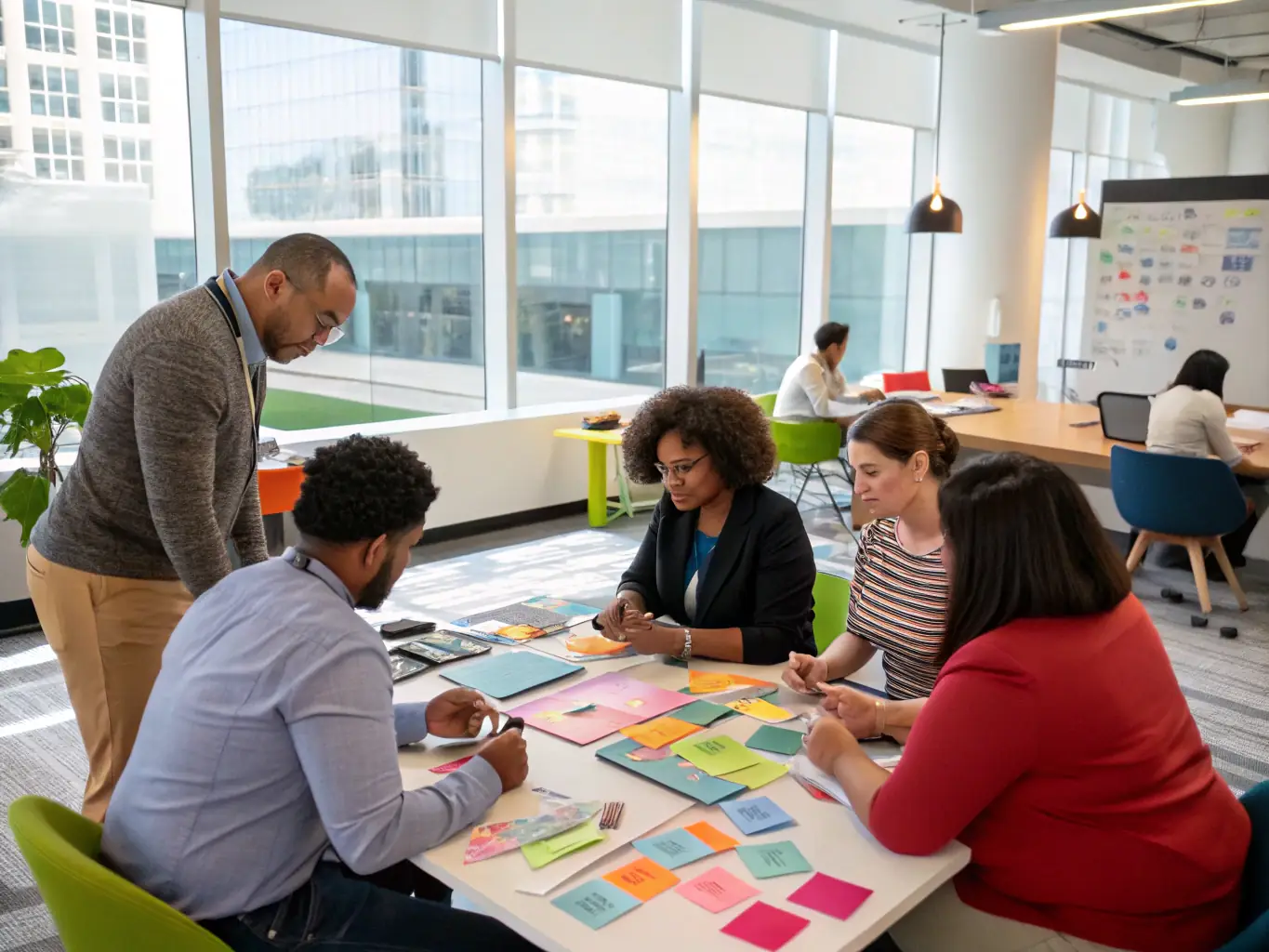 A group of professionals engaging in a dynamic workshop with a coach facilitating discussions, representing mindset transformation.