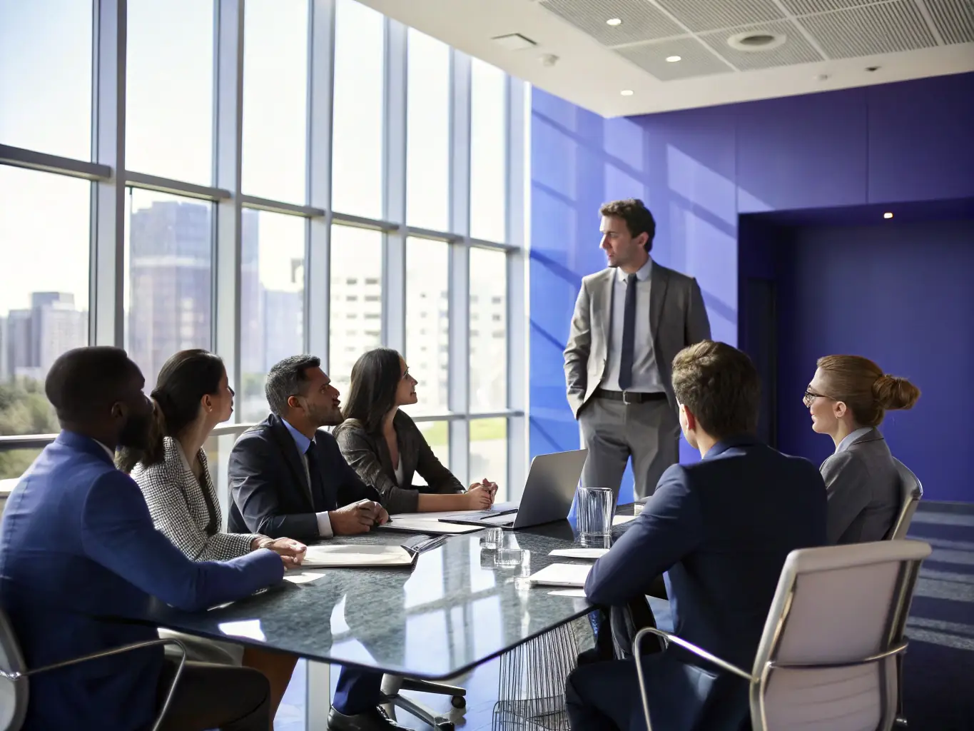 An image of a confident professional leading a team in a modern office setting, symbolizing leadership development.