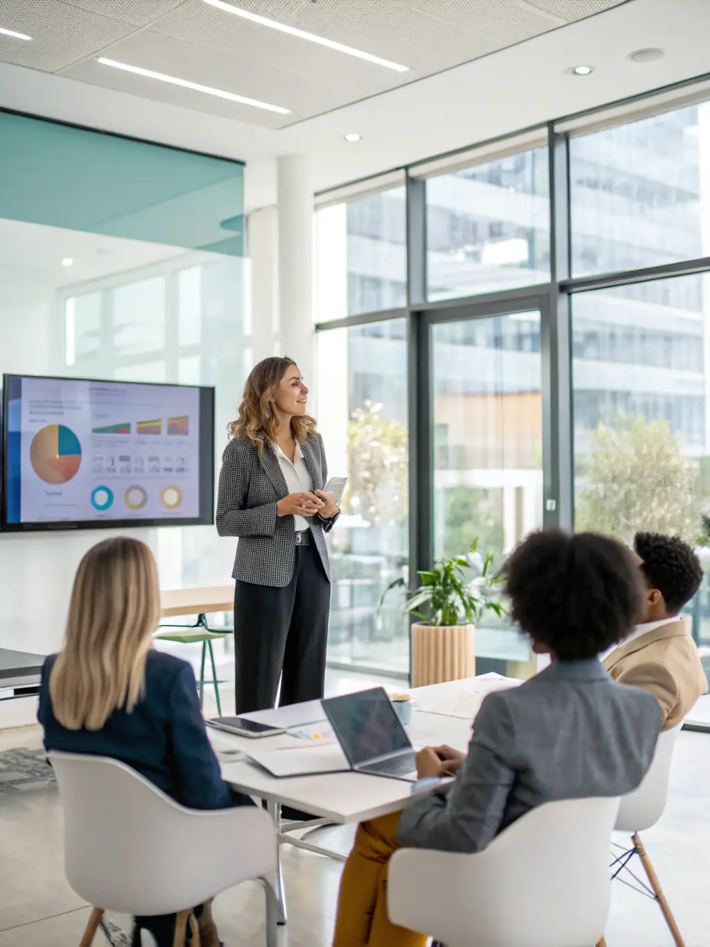 A professional business coach facilitating a leadership development workshop, guiding participants through strategic planning exercises in a modern office setting.
