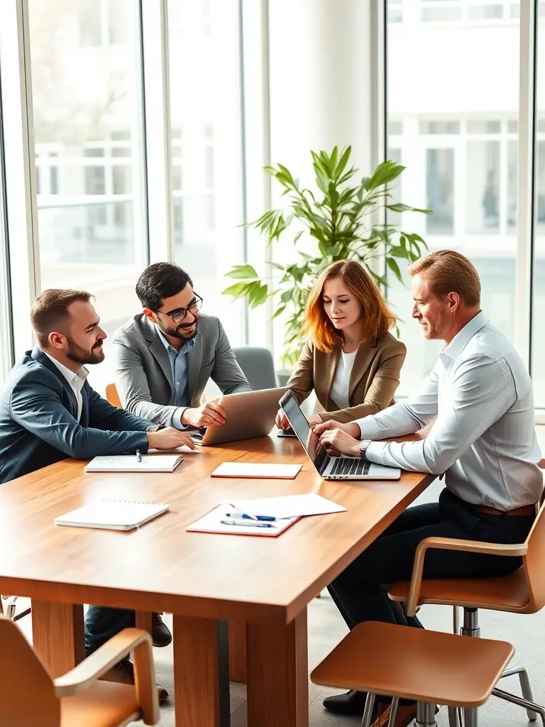A business coach leading a group mentoring session, fostering collaboration and knowledge sharing among participants in a bright and collaborative workspace.